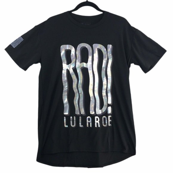 Lularoe T-Shirt Unisex Medium M Black Silver Rainbow Foil Graphic "Rad" Logo NWT - Picture 1 of 7